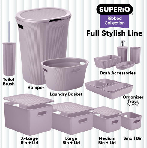 Superio Ribbed Collection - Medium Lilac Purple Plastic Open Storage Bins Organizer Baskets (6 Pack)