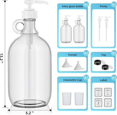 Dispenser,64oz 4 Labels,2 Pack Laundry Detergent Fabric Softener Dispenser,Glass Liquid Laundry Detergent