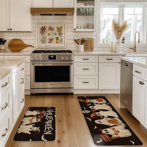 Artoid Mode Ghost Pumpkin Bat Black Halloween Kitchen Mats Set of 2, Low-Profile Kitchen Rugs for Floor - 17x29 and