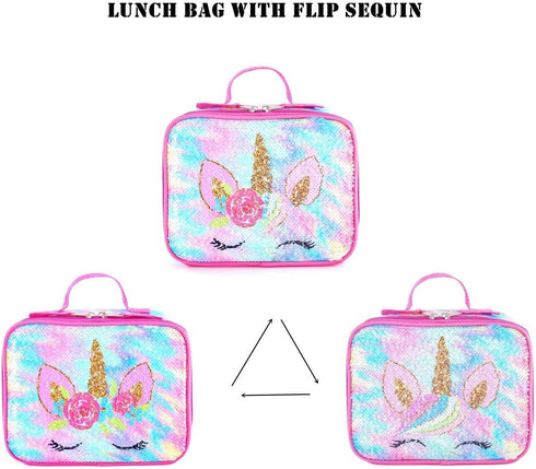 KK CRAFTS Cute Insulated Lunch Box for Kids, Girls Boys Toddlers, Small Sequin Rainbow Unicorn