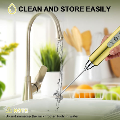 YUSWKO Champagne Gold Handheld Milk Frother Wand with Stand, Rechargeable Electric Whisk, 3 Heads, 3 Speeds