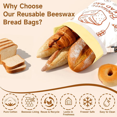 VELVASPIRA 2 Packs 17x13 Inch Beeswax Bread Bags for Homemade Bread Sourdough, XL Linen Reusable Bread Bag for Homemade