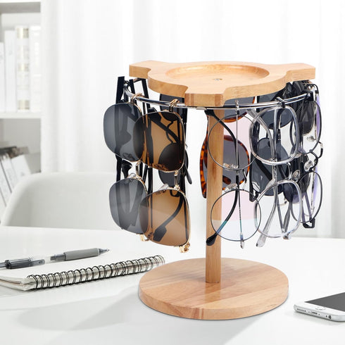 Sunglasses Organizer with 360 Rotating Display, Eyeglasses Rack, Wood Base for 12 Pairs of Eyewear for Desk Dresser