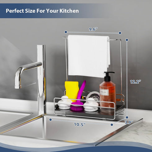 KABUM 304 4 Countertop 304 Stainless Steel Sponge Holder with Towel Rack for Kitchen Sink, Sink Caddy with Non-Slip