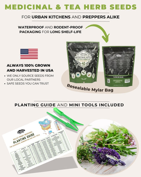 40 Pack, Tactiko Survival Medicinal & Tea Herb Seeds Variety Indoor & Outdoor Herbal Garden Kit, USA Grown Heirloom