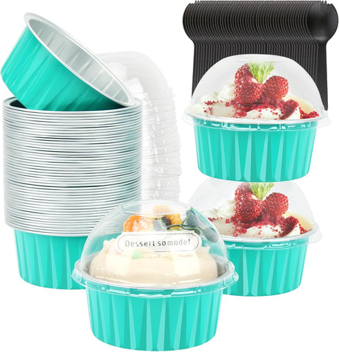 Disposable Ramekins with Lids - 50 Pack Free-Air 5oz Aluminum Foil Cupcake Cups - Mini Muffin Tins Holders for Home and