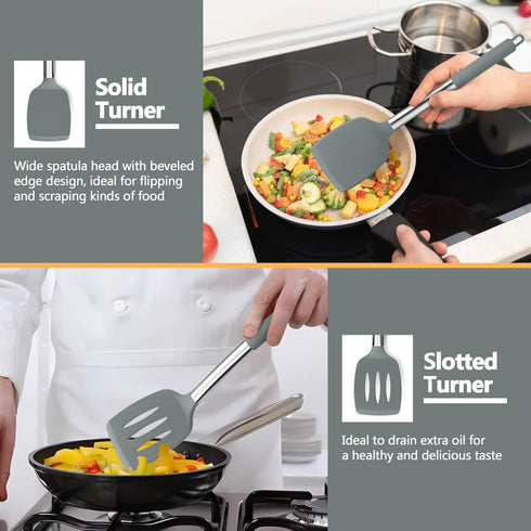 P&P CHEF Kitchen Utensils Set, 4Pcs Silicone Cooking Spatulas, Heat-proof Turner Spoon, Dishwasher Safe, Grey