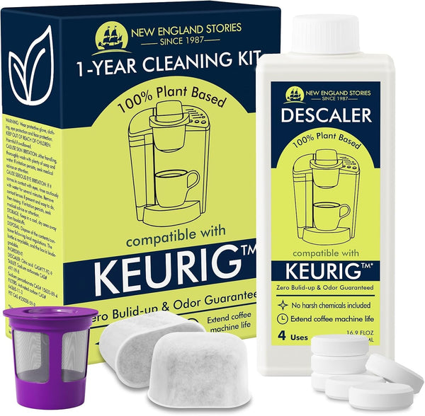 New England Stories Keurig Compatible Descaling Set, 1 Year Cleaning Set with Descaler, Cleaning Tablets & Filters
