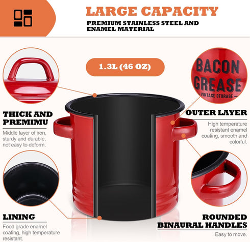 46OZ Bacon Grease Container with Strainer - Large Red Kitchen Oil Storage Can, Food Saver Bin with Lid | Farmhouse