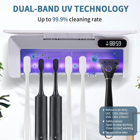ZOZOO 99.9% Dry,Heating,5+1+1 Slots,12 UV Toothbrush Sanitizeri Holder with Cleaning,Air Hour Memory,Rechargeable Wall