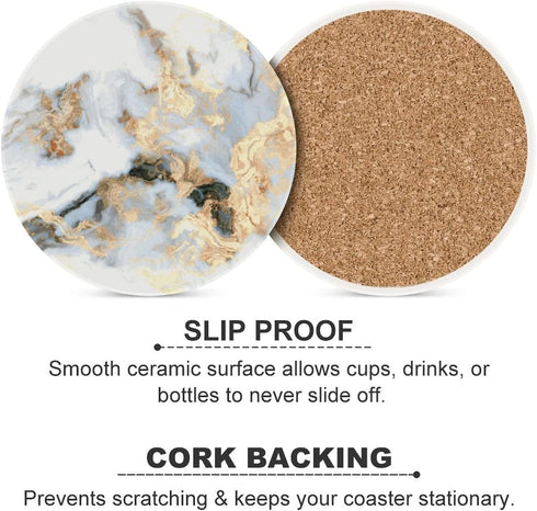 Sets 6 Coasters for Drinks Absorbent with Holder,Abstract White Gold Marble of Durable Cup Coaster for Coffee Table