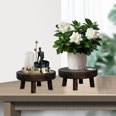 2Pcs 8inch Small Wooden Stools for Plants, Wood Stool Plant Stand, Solid Wood Garden Plant Pot Riser, Mini Round Flower
