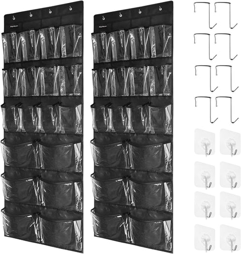 2 Pack Extra Large Over Door Shoe Organizers, Closet Shoe Rack with 12+6 Crystal Pockets, 8+8 Hooks, Black (59"x 21.6")