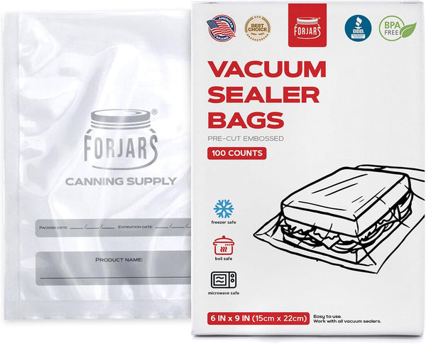 ForJars Vacuum Sealer Bags, Pre-Cut Size 6x9, Pack of 100 for Food Storage & Sous Vide Cooking, Ideal for Home &