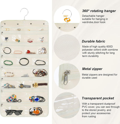 Hanging Jewelry Organizer Revolving Hanger - 50 Pockets - Foldable Storage & Display Solution - Beige