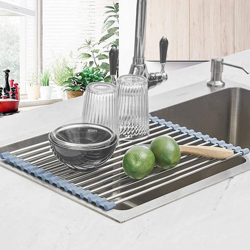 Seropy Roll Up Dish Drying Rack, Foldable Stainless Steel Wire Kitchen Drainer Over The Sink Rack Mat 17.5x11.8