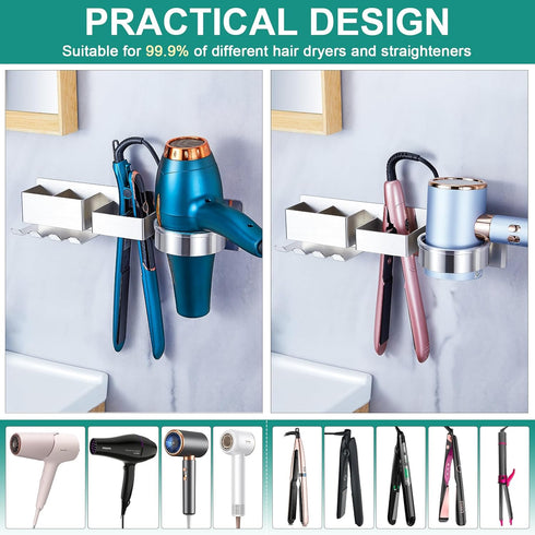 Wall Mounted Hair Dryer Holder, Hair Tool Organizer for Bathroom, Adhesive Stainless Steel Hair Dryer Hanger