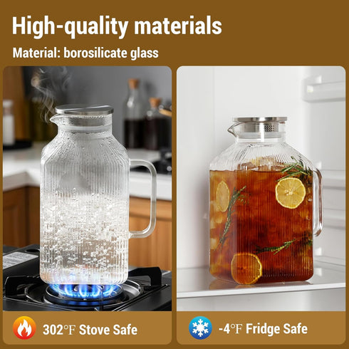 Snuvid 1 Gallon thickened Square Glass Pitcher with Lid, Classic Stripes Water Pitchers for Fridge, Borosilicate Glass