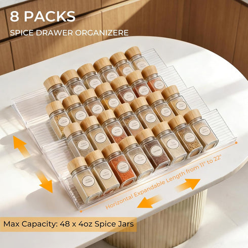 4 Tier(8 Packs),Expandable 11" 22" Acrylic Spice Drawer Organizer from to Seasoning Organizer Tray for Kitchen - Clear
