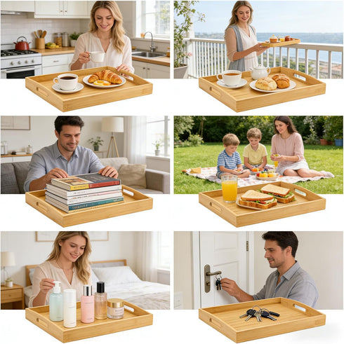 Set 2 17x13in, 16x12in GOLD HONEY Bamboo Serving Tray with Handles of - Decorative Wooden Tray for Living Room