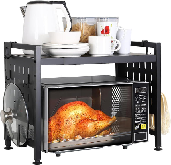Extendable 2 Tier Microwave Oven Rack - Adjustable Shelf for Kitchen Countertop with 4 Hooks and Pot Lid Support