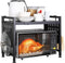 Extendable 2 Tier Microwave Oven Rack - Adjustable Shelf for Kitchen Countertop with 4 Hooks and Pot Lid Support