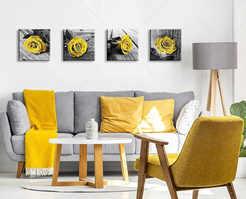 Yellow Decor Canvas Wall Art - Valentine Decorations for Home, Rose Flowers Pictures for Living Room Office Décor