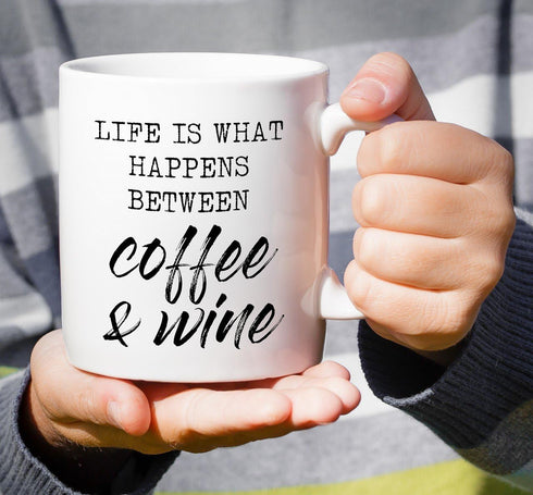 Retreez Funny Mug - Life is What Happens Between Coffee & Wine, 11 Oz Ceramic Coffee Mugs, Funny Birthday Gifts