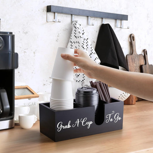 ALELION Coffee Cup Holder for Countertop, Wood Coffee Bar Accessories and Organizer for Cup Lid Stirrers