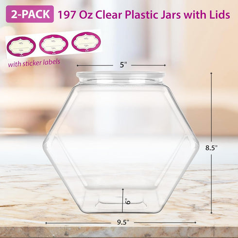 DilaBee 2-Pack Plastic Cookie Jar, 1.5 Gallon (197oz) Large Hexagon Candy Dish with Lid for Kitchen, BPA-Free