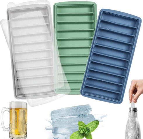 LessMo 3 PCS Ice Cube Tray, Long Ice Stick Tray Silicone with Lid, Reusable for Small Mouth Sport Bottles