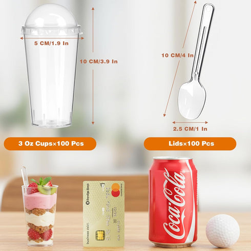 200 3oz Pcs Mini Dessert Cups with Lids and Spoons - Jello, Clear Plastic Parfait & Pudding Shooter Cups for Tasting