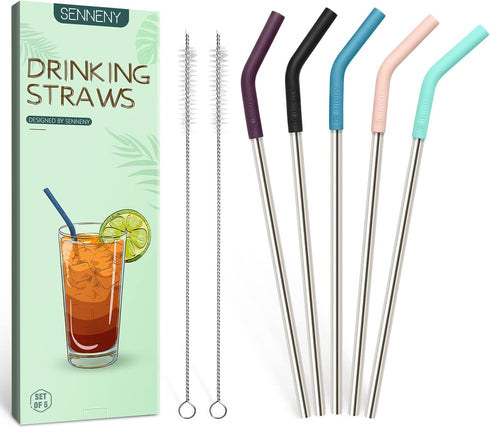 Senneny Set of 5 Stainless Steel Straws with Silicone Flex Tips, 2 Cleaning Brushes, and 1 Portable Bag (Silver)