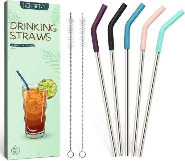 Senneny Set of 5 Stainless Steel Straws with Silicone Flex Tips, 2 Cleaning Brushes, and 1 Portable Bag (Silver)