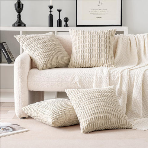 MIULEE Pack of 4 Cream White Corduroy Decorative Throw Pillow Covers, 22x22 Inch Soft Boho Striped Home Decor