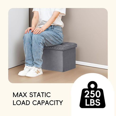 Grey,16.5"x12.6"x12.6" PINPLUS Storage Ottoman with Benches Foot Rest Stool, Folding Velvet Shoes Chest for Bedroom