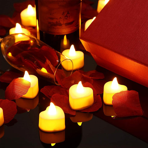 Honoson 1000 24 Pieces Artificial Rose Petals with Pcs Flameless Heart Shaped LED Tealights Candles Special Romantic
