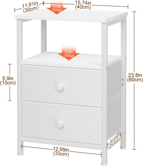 2 HETS002WP-1 LOAKEKEL Night Stand, Nightstand with Fabric Drawers for Bedroom, Small End Table with Open Storage Shelf
