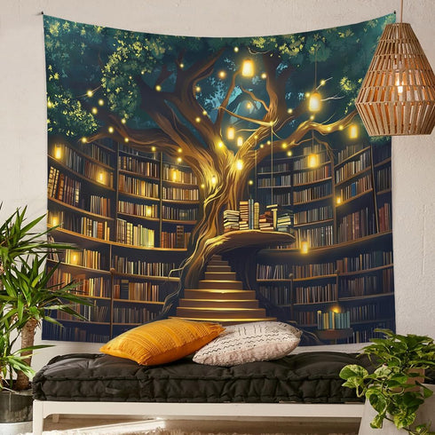 36"x48" Jhdstore Tree of life Tapestry Wall Hanging Fantasy Library Tapestry for Bedroom Mysterious Tree Bookshelf