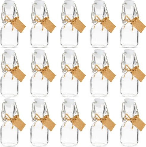 BLUE PANDA 15 Pack Small Swing Top Glass Bottles - 2 oz/60 ml with Lids, Stoppers, Tags & Jute Twine