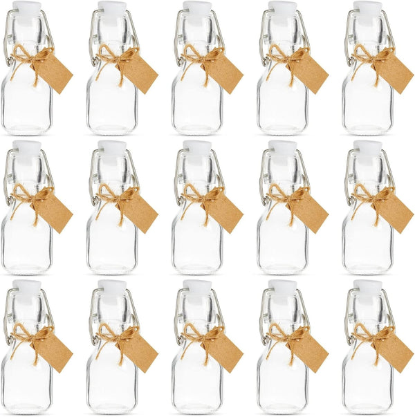 BLUE PANDA 15 Pack Small Swing Top Glass Bottles - 2 oz/60 ml with Lids, Stoppers, Tags & Jute Twine