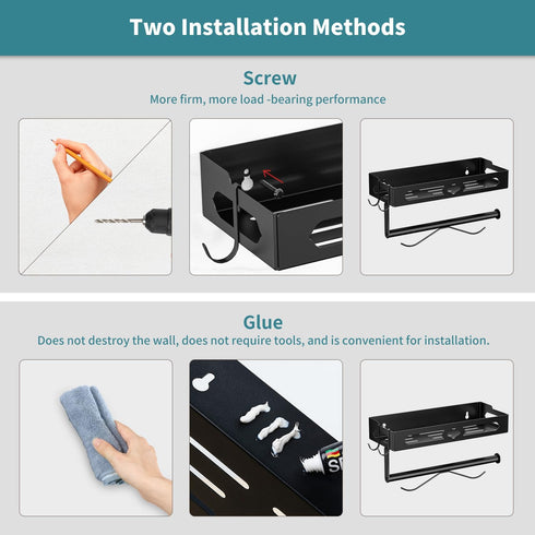 Paper Towel Holder with Shelf, Kitchen/Bathroom Paper Holder, Spice Rack with 2 Hooks, Self-Adhesive & Drilling