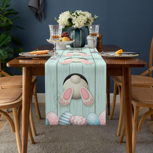 Easter Cotton Linen Table Runner, Bunny Tail Easter Eggs Rabbit Spring Flowers for Dinning Table Decor