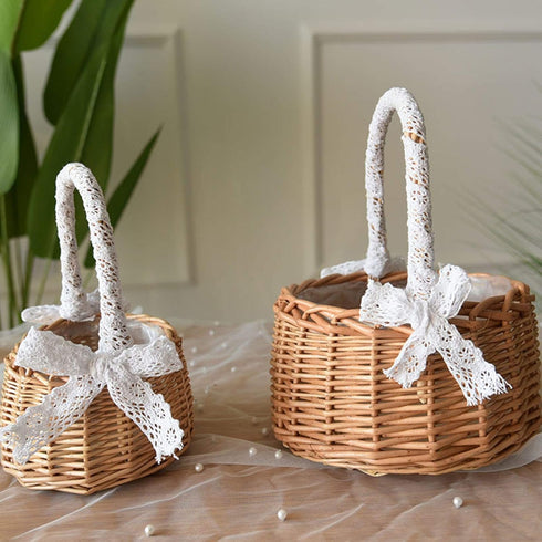 ASSR 2PCS Woven Storage Basket with Handle and Ribbon, Wicker Rattan Flower Girl Baskets for Wedding, Home Garden Decor