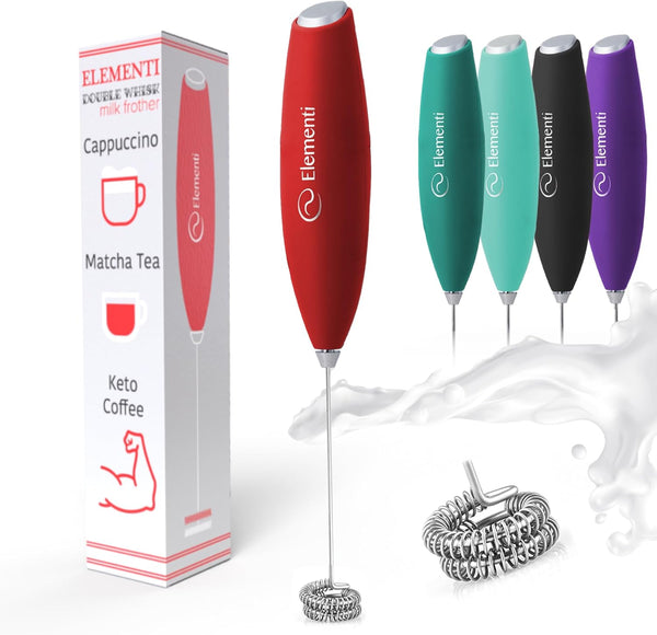 Handheld Milk Frother - Elementi Electric Stirrer with Double Whisk for Coffee, Matcha, and Drink Mixing (Red)