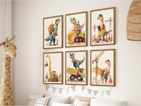 Youillne 8x10 Inch Set 6 Dinosaur Nursery Wall Art Boys Room Canvas Wall Decor Construction Toddler Poster Kids Dino