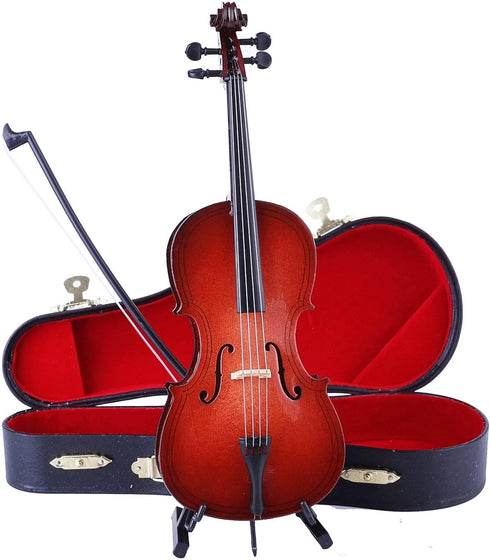 Dselvgvu (8.07"x2.87"x0.91") Wooden Miniature Cello with Stand, Bow and Case Mini Musical Instrument Cello Replica