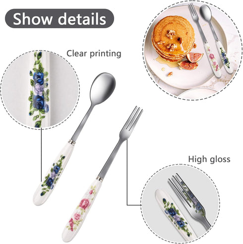 12 Pieces Forks and Spoons with Ceramics Handle, Stainless Steel Utensils Dessert Spoons and Forks Set for 6, Cutlery Set with Flower Pattern, Flatware Set for Home Restaurant and Kitchen by JEPELUS