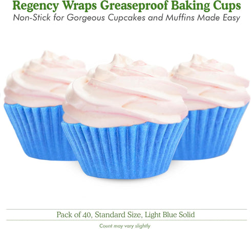 Regency Wraps Standard Baking Cups, Light Blue Solid, Pack of 40, Greaseproof Professional Grade for Cupcakes and