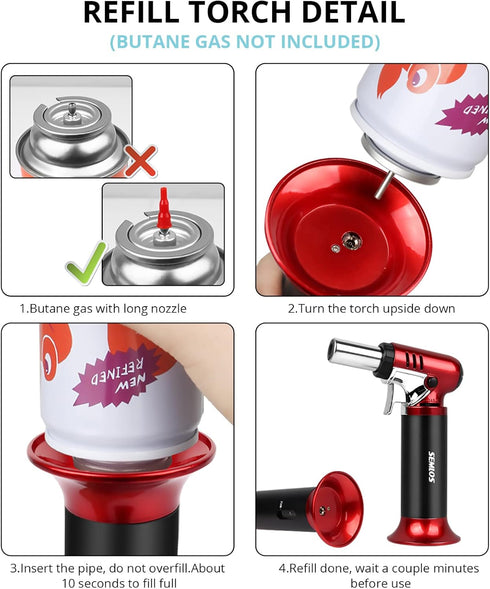 Semlos Refillable Butane Torch with Fuel Gauge - Adjustable Flame Kitchen Lighter for DIY, Creme Brulee, Soldering